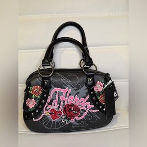 NWT Ed Hardy Bowling Rhinestone Mini Bag | Pink Flowers & Red Hearts